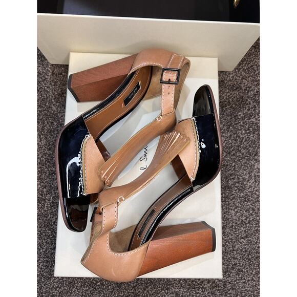 PAUL SMITH Womens Shoes Leather Tan & Black Patent Kilte Flap us 39.5 Heels 8.5 - Picture 1 of 14